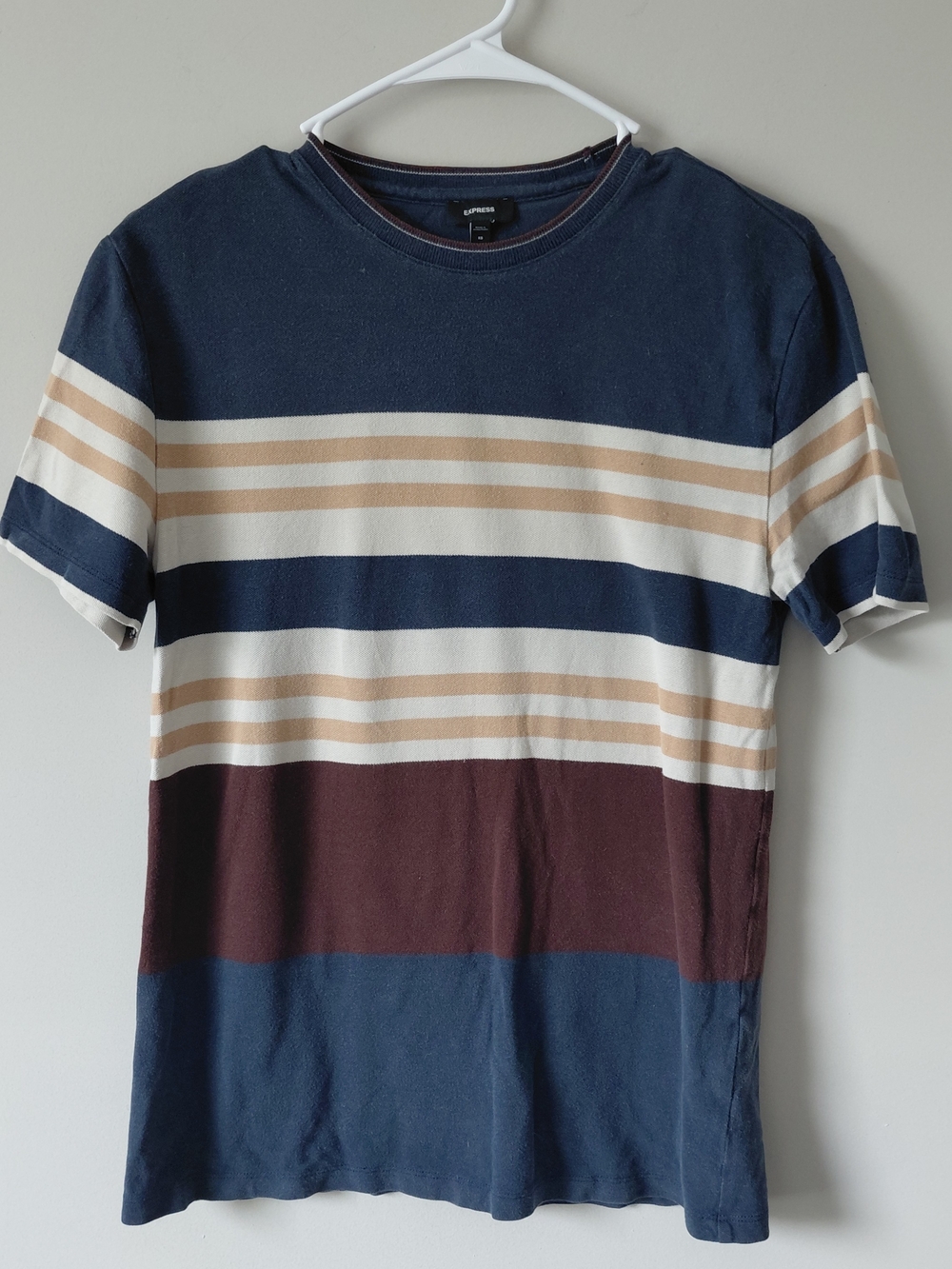 Express Men’s Short Sleeve Striped Tee — Navy, Cream & Brown